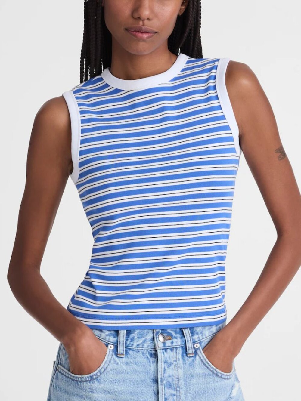 Madewell 90s Cotton High Crewneck Shell Tank Top Blue Stripes Size XXS NWT